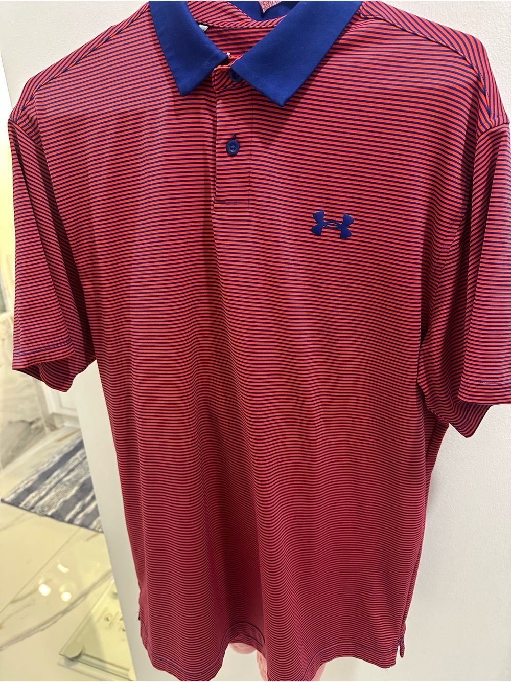 Under Armour Men's Orange and Blue Striped Polo Great Condition
